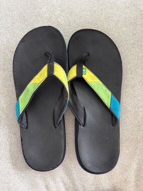 Sanuk Flip Flops with Yellow, Green, and Blue Straps